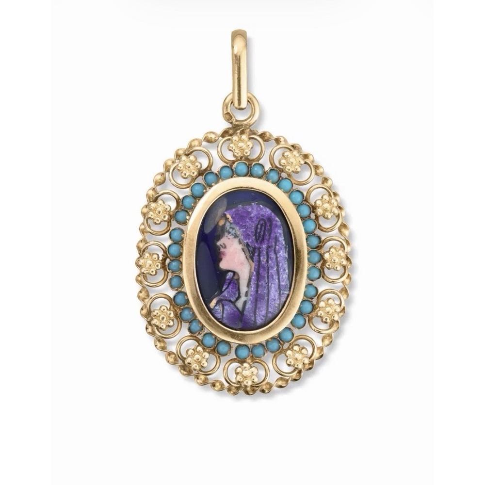 Antique‎ 20k Solid Yellow Gold Filigree Enamel Cameo Turqiouse Pendant Portugal - Picture 3 of 11